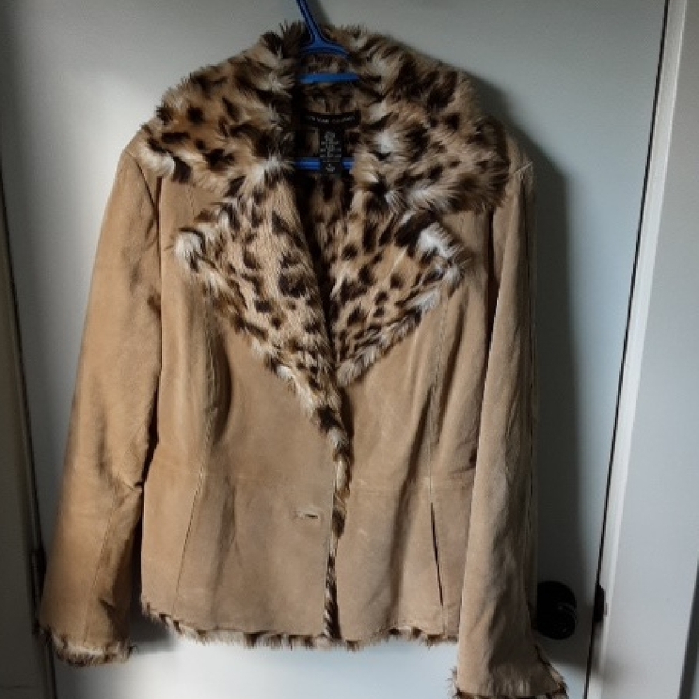New York & Company Tan Leather Jacket with Leopard Print